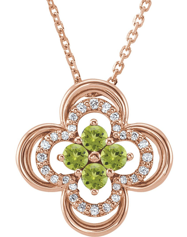 14K Gold Round Natural Peridot Clover Necklace or Pendant – 0.08 CTW - Rose Gold