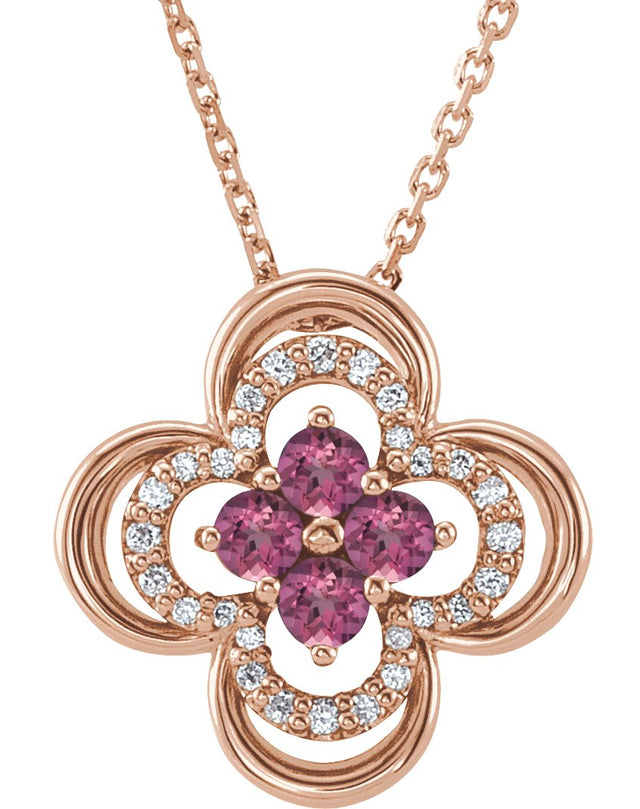 14K Gold Round Natural Pink Tourmaline Clover Necklace or Pendant – 0.08 CTW - Rose Gold