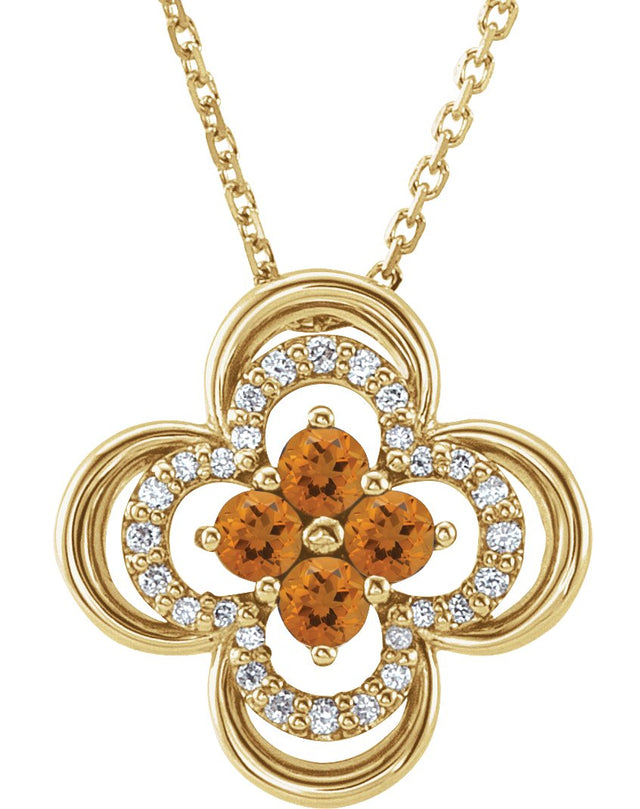 14K Gold Round Natural Citrine Clover Necklace or Pendant – 0.08 CTW - Yellow Gold