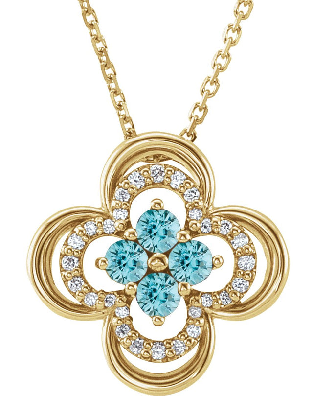 14K Gold Round Natural Blue Zircon Clover Necklace or Pendant – 0.08 CTW - Yellow Gold