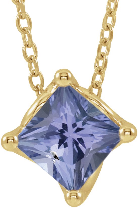 14K Gold Square Natural Tanzanite Solitaire Necklace or Slide Pendant - Yellow Gold