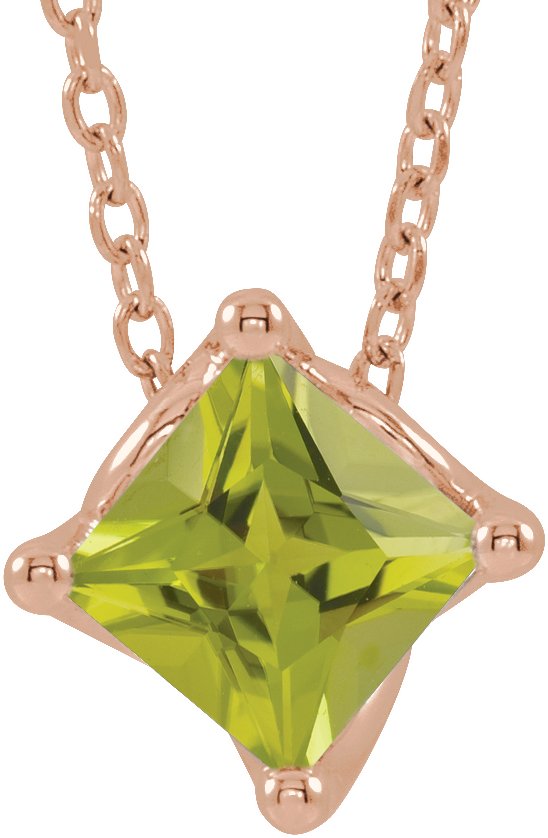14K Gold Square Natural Peridot Solitaire Necklace or Slide Pendant - Rose Gold
