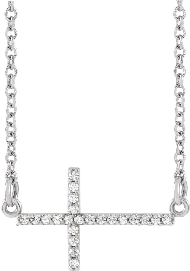 14K Gold Round Natural Diamond Sideways Cross Necklace - White Gold