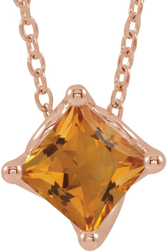 14K Gold Square Natural Citrine Solitaire Necklace or Slide Pendant - Rose Gold