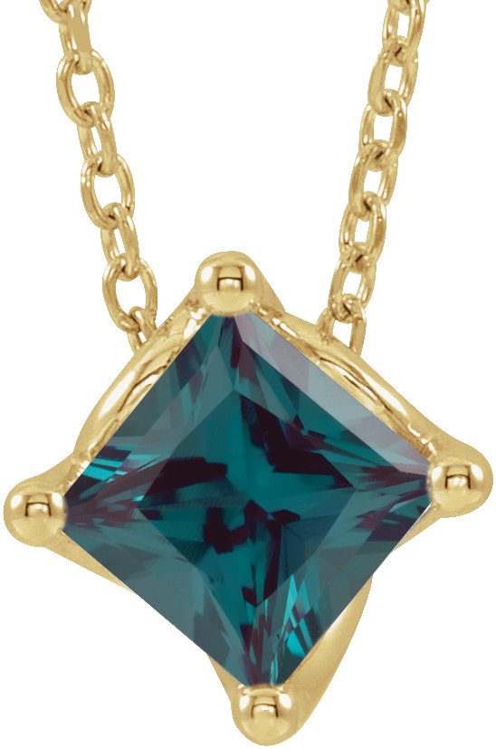 14K Gold Square Lab-Grown Alexandrite Solitaire Necklace or Slide Pendant - Yellow Gold