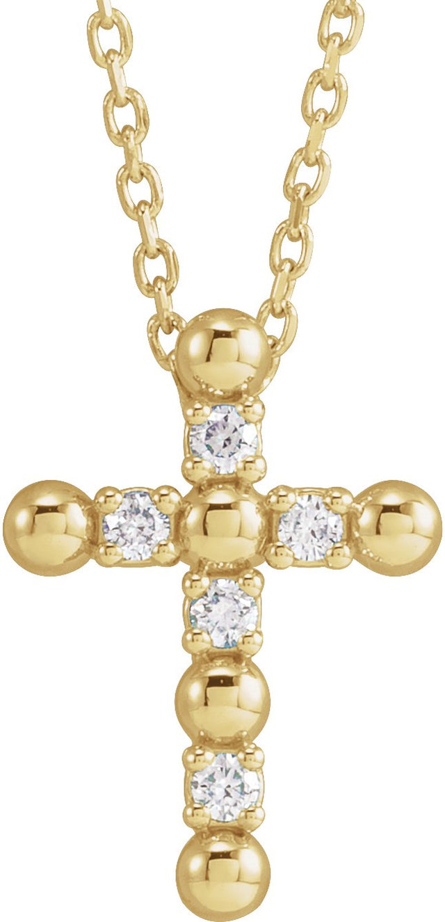14K Gold Round Natural Diamond Beaded Cross Necklace or Pendant - Yellow Gold