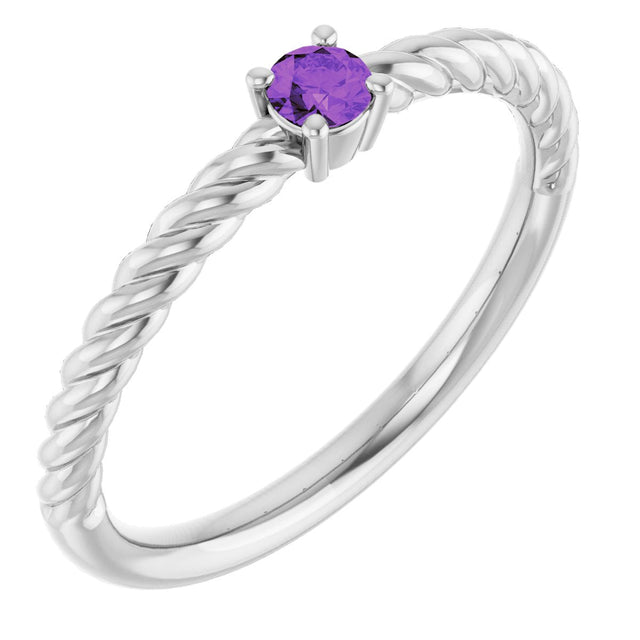 Platinum Round Natural Amethyst Rope Solitaire Ring