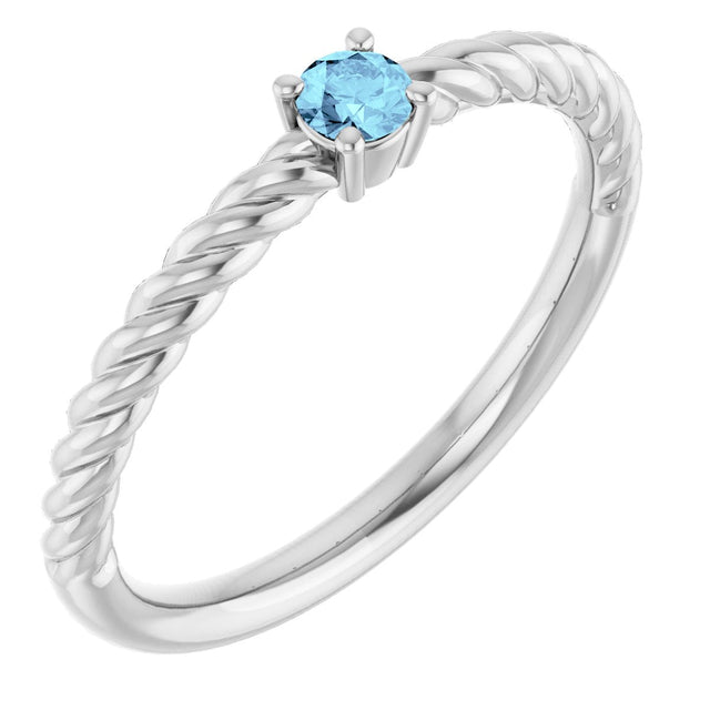Platinum Round Natural Aquamarine Rope Solitaire Ring