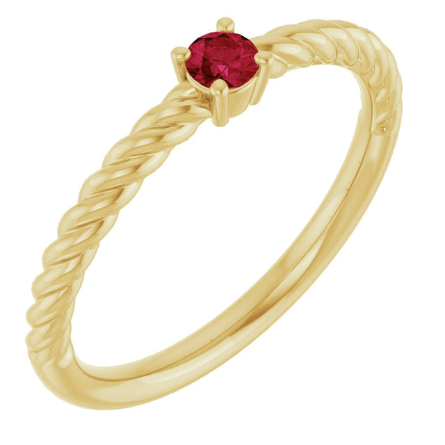 14K Gold Round Natural Ruby Rope Solitaire Ring - Yellow Gold