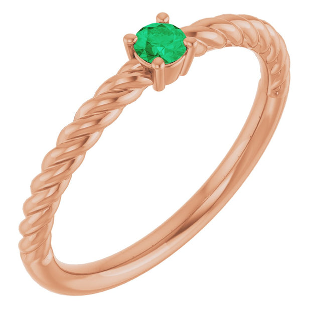 14K Gold Round Natural Emerald Rope Solitaire Ring - Rose Gold