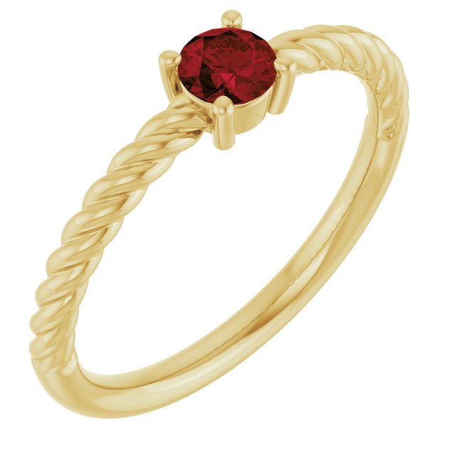 14K Gold Round Natural Mozambique Garnet Rope Solitaire Ring - Yellow Gold