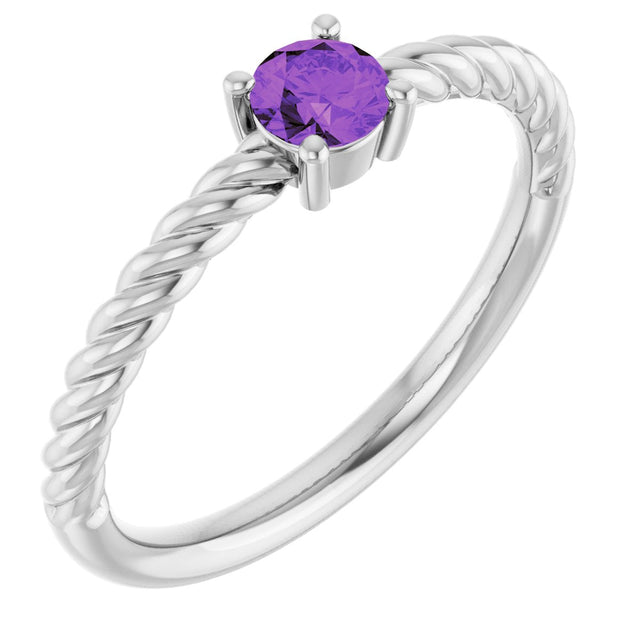 14K Gold Round Natural Amethyst Rope Solitaire Ring - White Gold