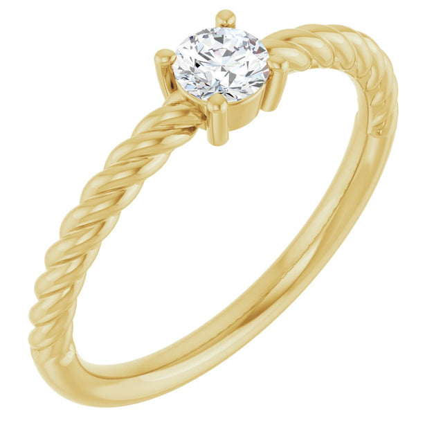 14K Gold Round Natural White Sapphire Rope Solitaire Ring - Yellow Gold