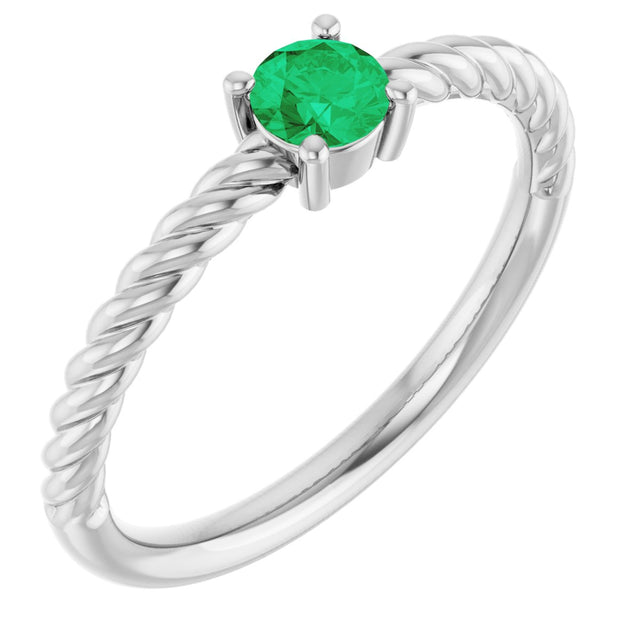 14K Gold Round Natural Emerald Rope Solitaire Ring - White Gold