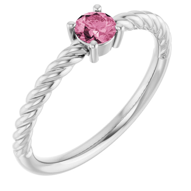 14K Gold Round Natural Pink Tourmaline Rope Solitaire Ring - White Gold