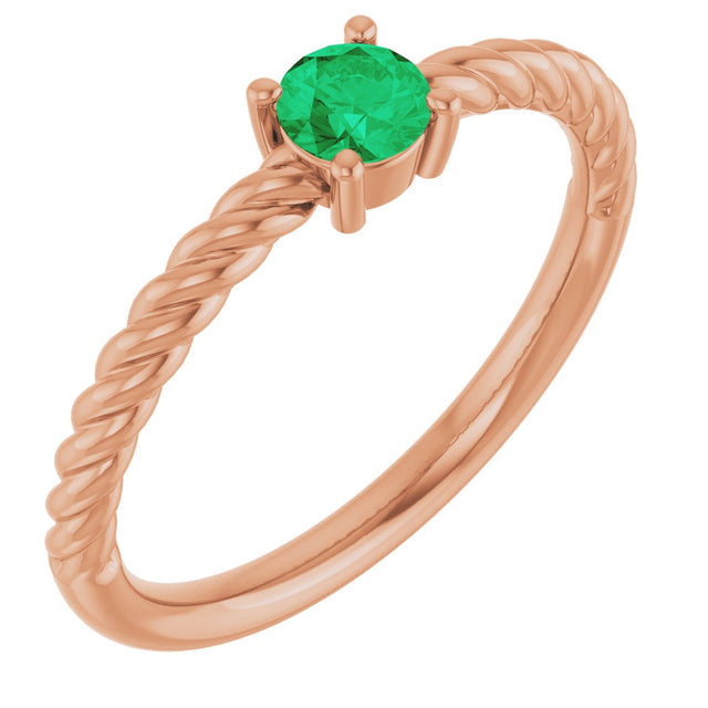 14K Gold Round Natural Emerald Rope Solitaire Ring - Rose Gold