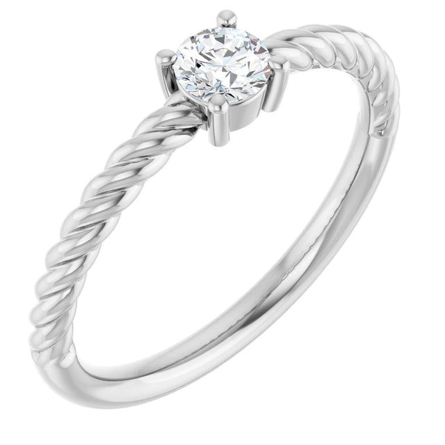 14K Gold Round Natural White Sapphire Rope Solitaire Ring - White Gold