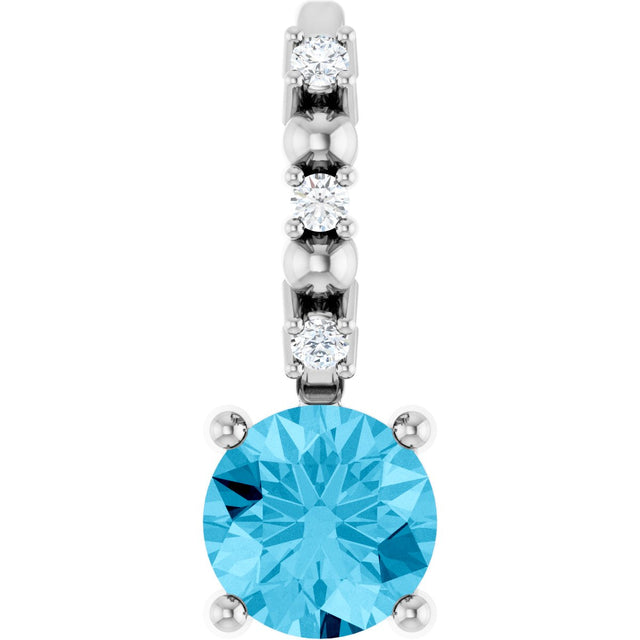 14K Gold Round Aquamarine Accented Pendant - White Gold