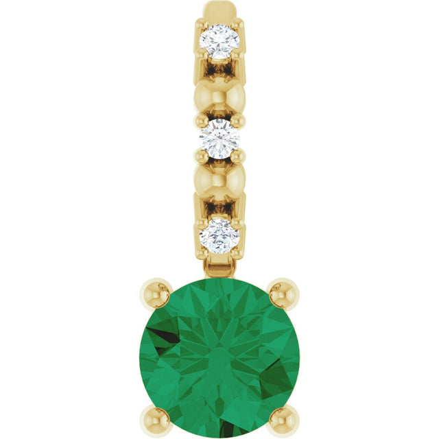 14K Gold Round Lab-Grown Emerald Accented Pendant - Yellow Gold