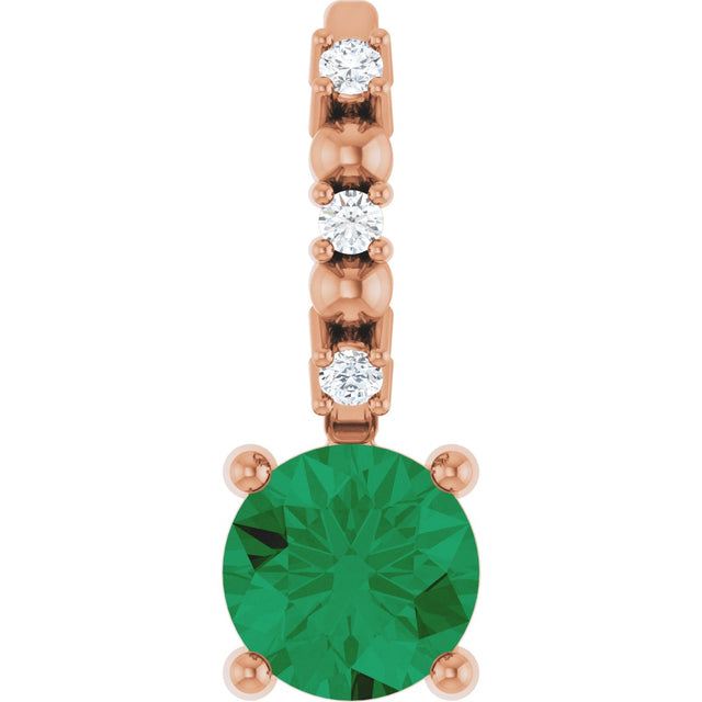 14K Gold Round Emerald Accented Pendant - Rose Gold