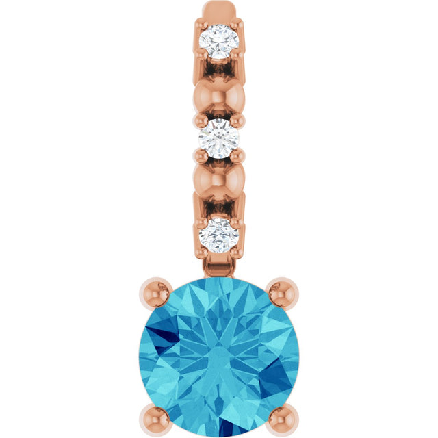 14K Gold Round Blue Zircon Accented Pendant - Rose Gold