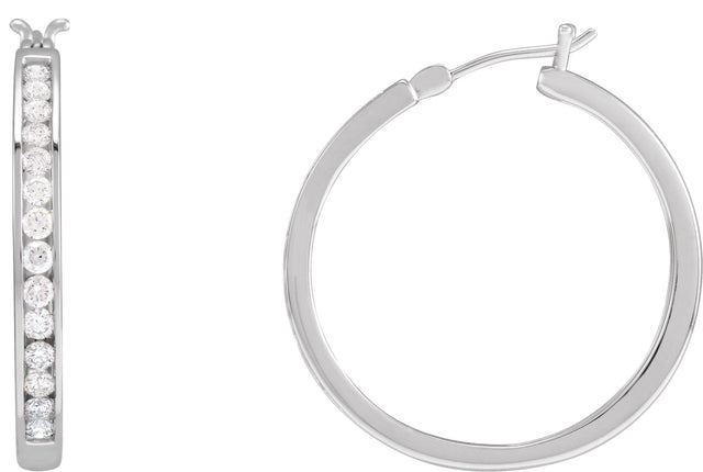 14K Gold Round Natural Diamond Accented Hoop Earrings - White Gold