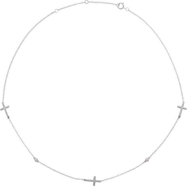 14K Gold Round Natural Diamond Cross Station Necklace II - White Gold