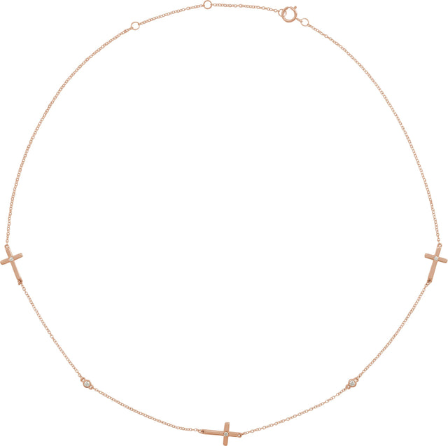 14K Gold Round Natural Diamond Cross Station Necklace II - Rose Gold