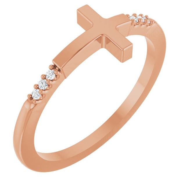 14K Gold Round Natural Diamond Stackable Sideways Cross Ring - Rose Gold