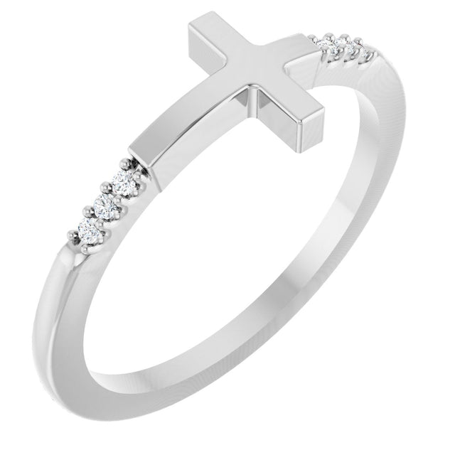 14K Gold Round Natural Diamond Stackable Sideways Cross Ring - White Gold