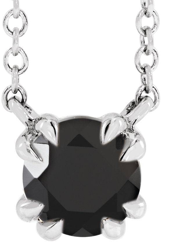 14K Gold Round Natural Black Onyx Double Claw-Prong Solitaire Necklace - White Gold