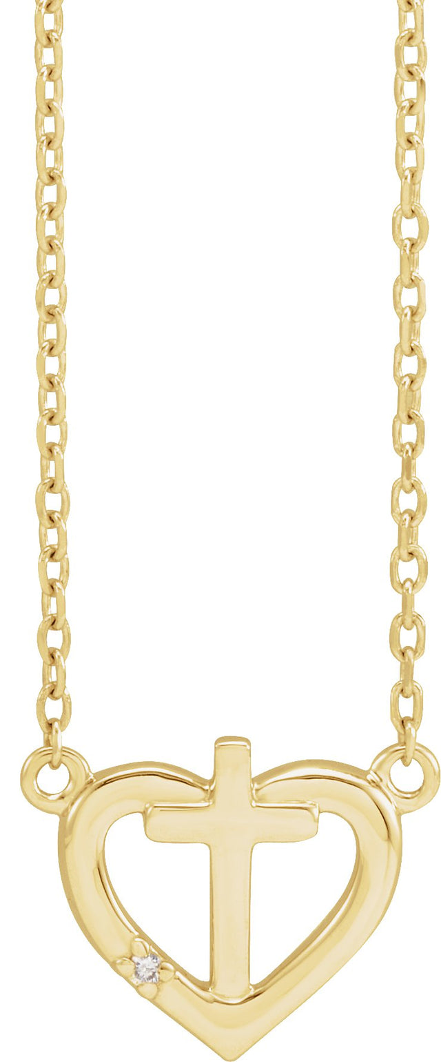 14K Gold Round Natural Diamond Heart & Cross Necklace – up to 0.0025 CTW - Yellow Gold