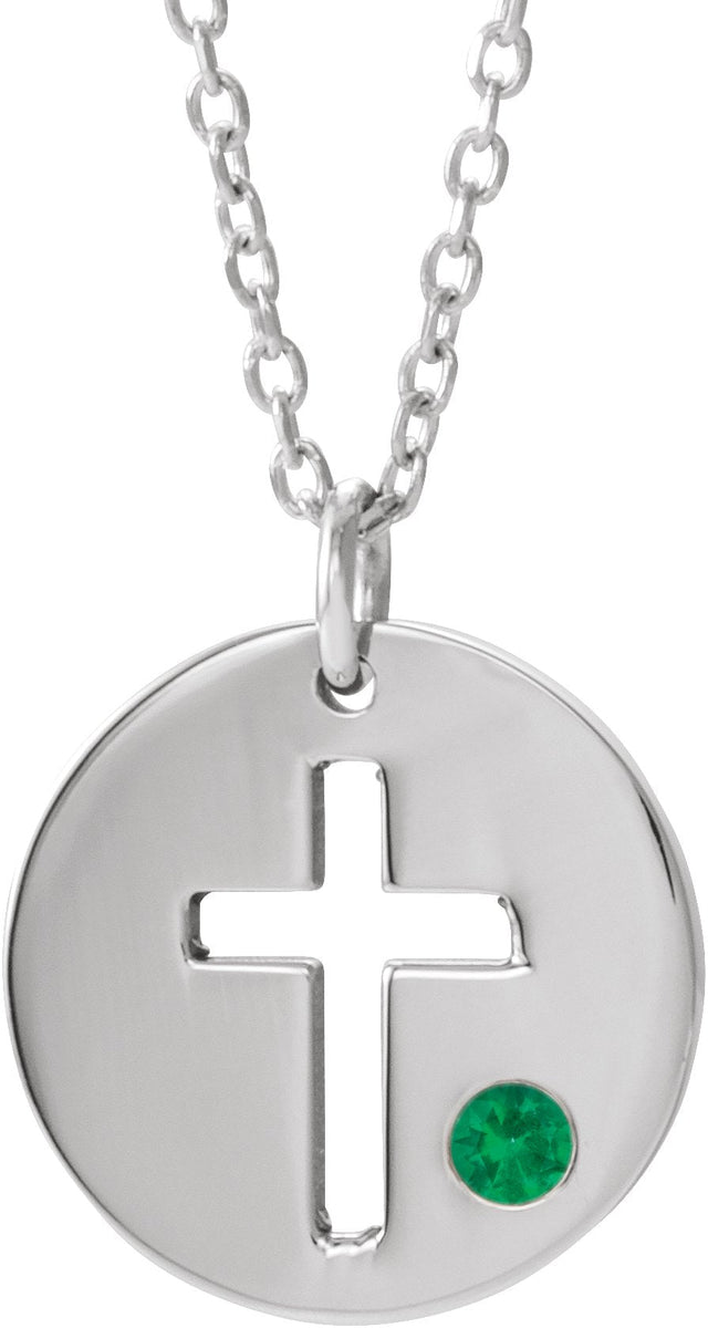 14K Gold Round Natural Emerald Pierced Cross Disc Necklace or Pendant - White Gold