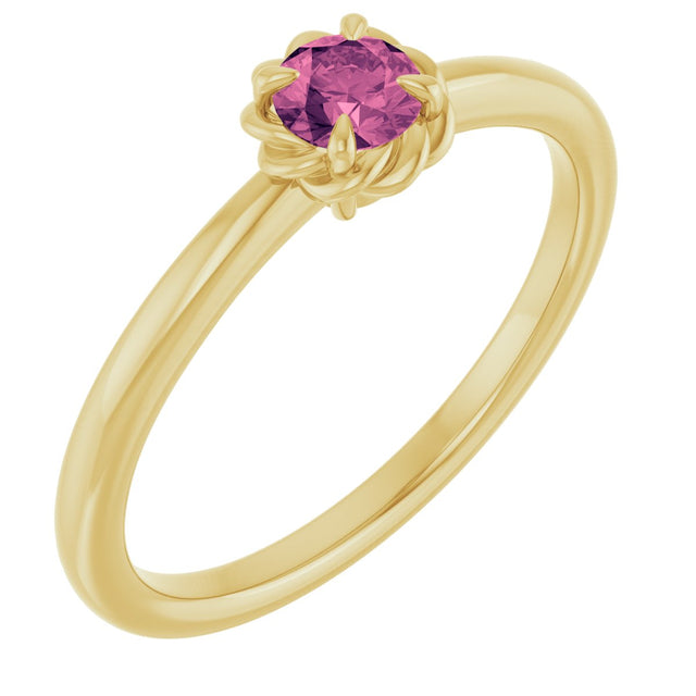 14K Gold Round Natural Pink Tourmaline Claw-Prong Rope Solitaire Ring - Yellow Gold