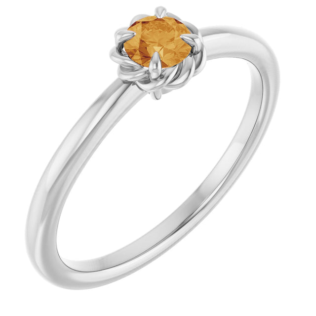 Platinum Round Natural Citrine Claw-Prong Rope Solitaire Ring