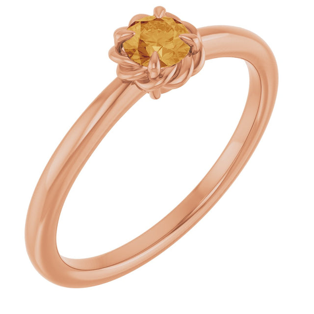 14K Gold Round Natural Citrine Claw-Prong Rope Solitaire Ring - Rose Gold