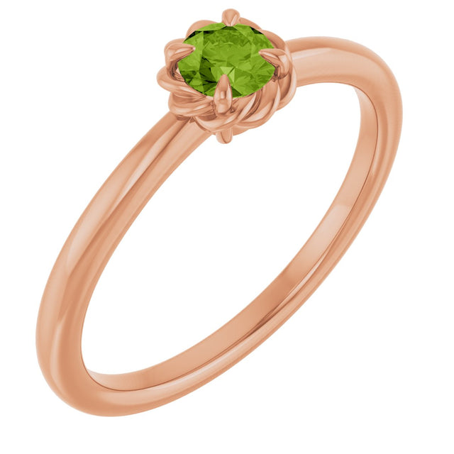 14K Gold Round Natural Peridot Claw-Prong Rope Solitaire Ring - Rose Gold