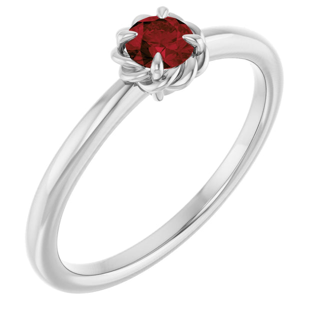 Platinum Round Natural Mozambique Garnet Claw-Prong Rope Solitaire Ring