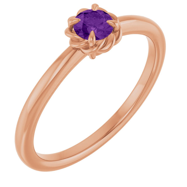 14K Gold Round Natural Amethyst Claw-Prong Rope Solitaire Ring - Rose Gold
