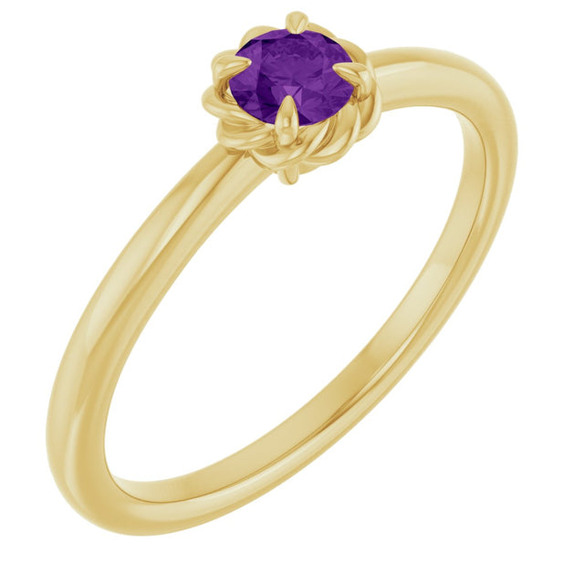 14K Gold Round Natural Amethyst Claw-Prong Rope Solitaire Ring - Yellow Gold