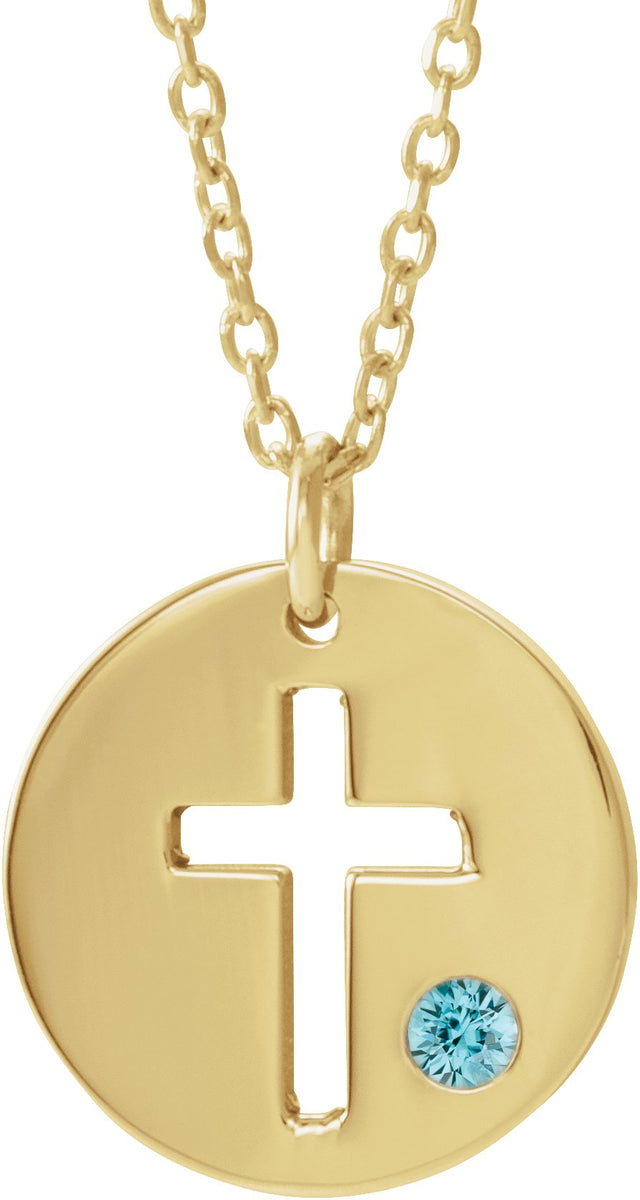 14K Gold Round Natural Blue Zircon Pierced Cross Disc Necklace or Pendant - Yellow Gold