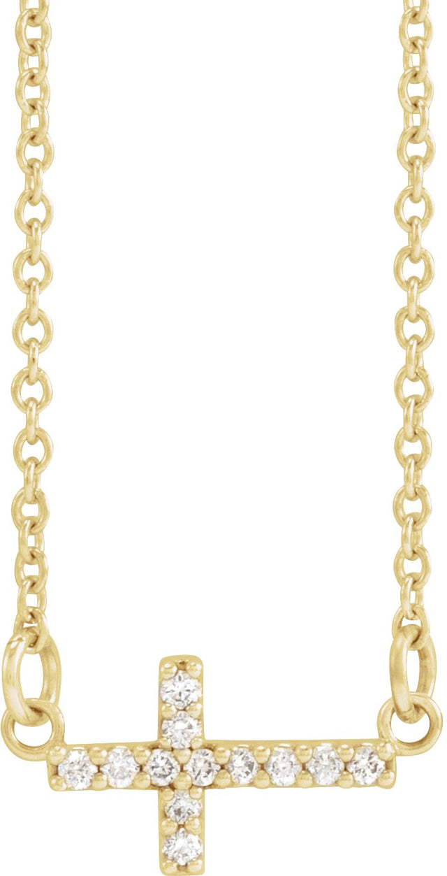 14K Gold Round Natural Diamond Sideways Cross Necklace - Yellow Gold