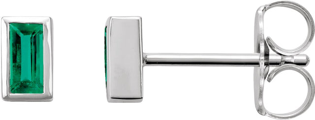 Platinum Natural Emerald Straight Baguette Bezel-Set Stud Earrings