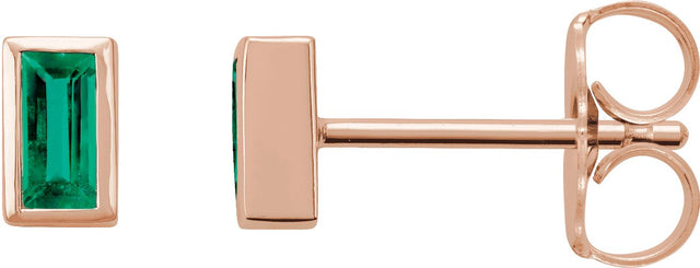 14K Gold Natural Emerald Straight Baguette Bezel-Set Stud Earrings - Rose Gold