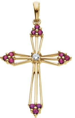 14K Gold Round Natural Ruby Accented Cross Pendant