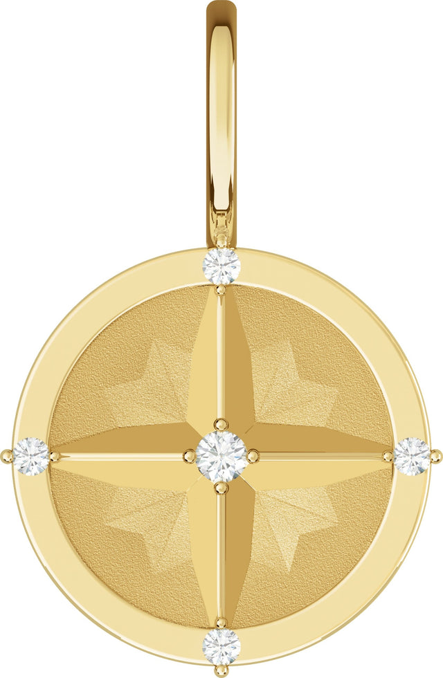 14K Gold Round Natural Diamond Compass Pendant - Yellow Gold