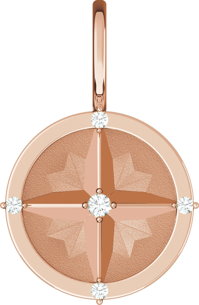 14K Gold Round Natural Diamond Compass Pendant - Rose Gold