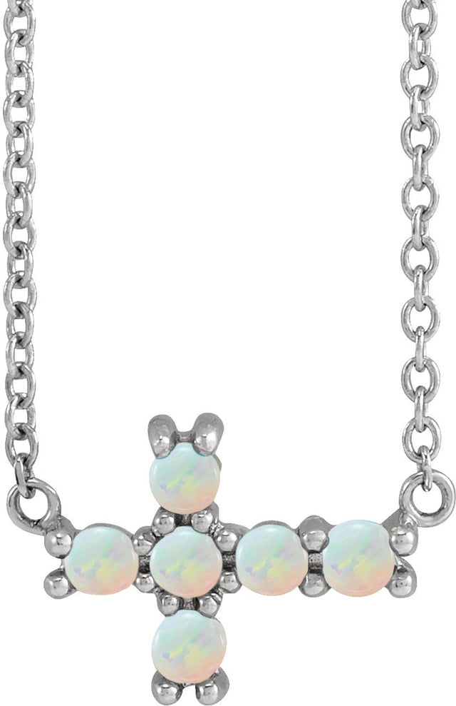 Platinum Round Natural White Opal Sideways Cross Necklace