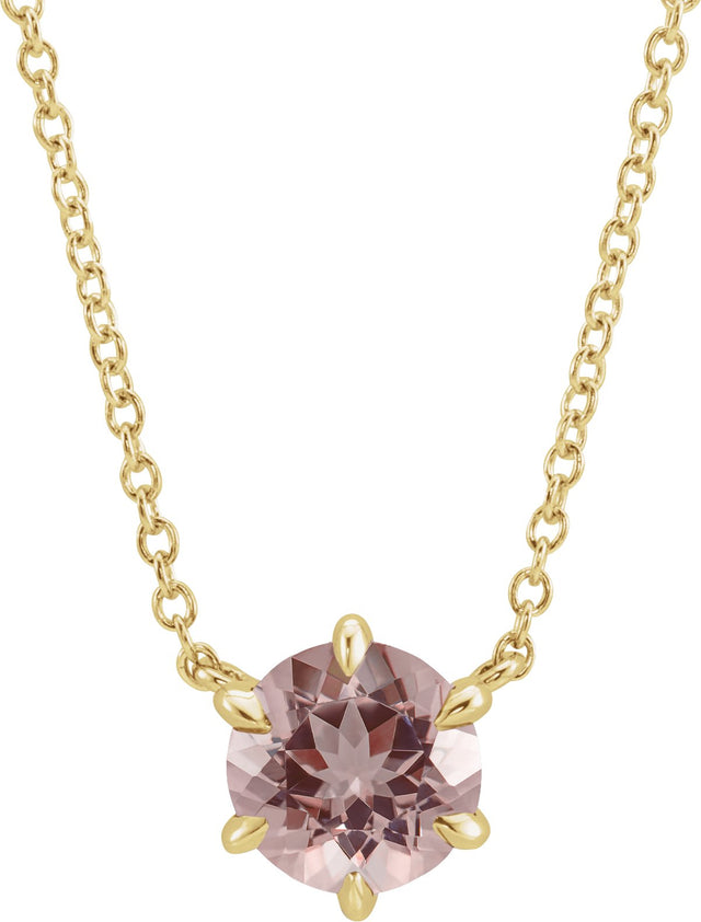 14K Gold Round Natural Pink Morganite Solitaire Necklace - Yellow Gold