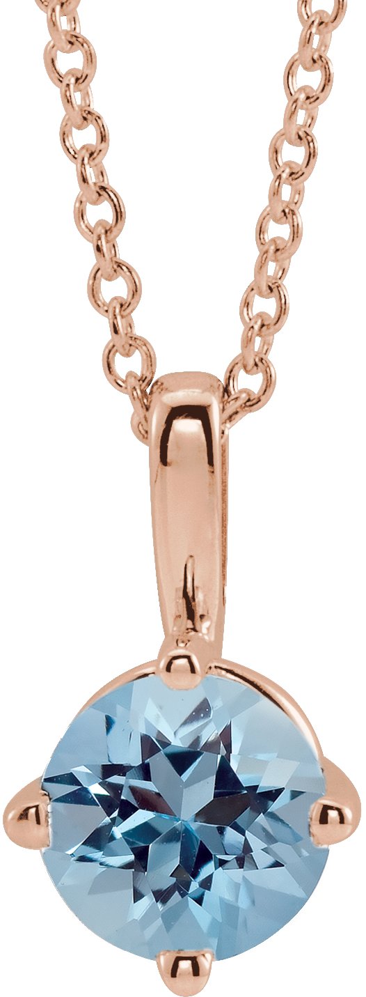 14K Gold Round Natural Aquamarine Solitaire Necklace or Pendant II - Rose Gold